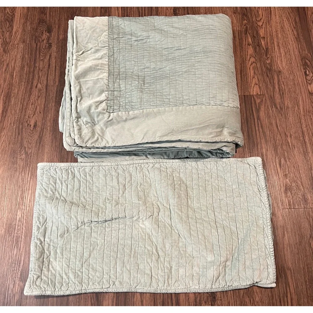 Pottery Barn King Quilt one Sham Sage Green Silk Cotton Velvet Channel Stitch